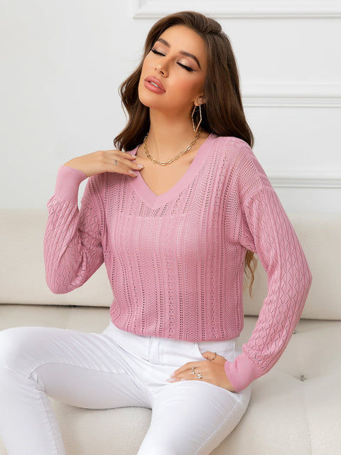 V-Neck Long Sleeve Eyelet Knit Top