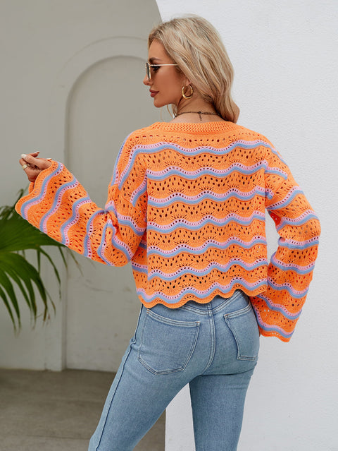 Round Neck Openwork Flare Sleeve Knit Top